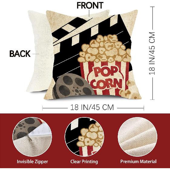 Movie Night Decorative Throw Pillow Covers 18 x 18 Set of 4, Vintage Cinema Ticket Popcorn Clapper Board Theater Home Decor, Enjoy The Show Stripes
