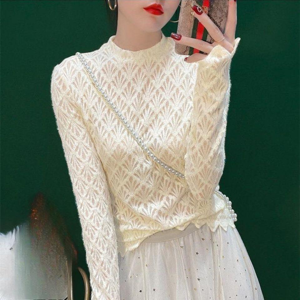 

Женская осенне-зимняя рубашка с длинными рукавами и кружевной основой из ворсистого кружева, шифоновый кружевной сексуальный сетчатый топ S