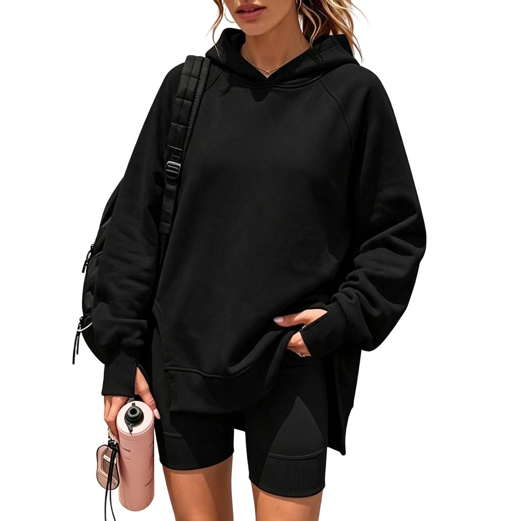 Women's Casual Longline Hooded Pullover with Drop Shoulder and Side Slit - Loose Fit Sweatshirt