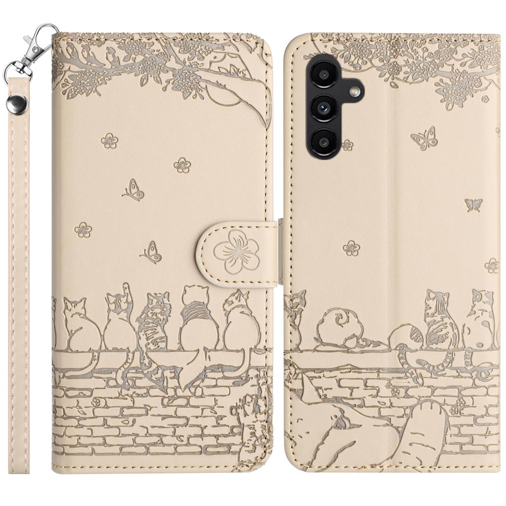 For Samsung Galaxy S23 FE Case with Wrist Strap Leather Phone Cover Wall Cats Pattern