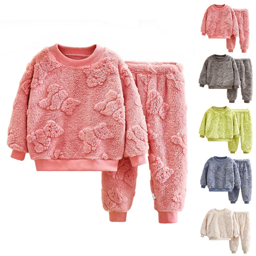 Kinder Einfarbig Verdickter Flanell Warm Hausanzug Und Pyjama Set Für Jungen Und Mädchen