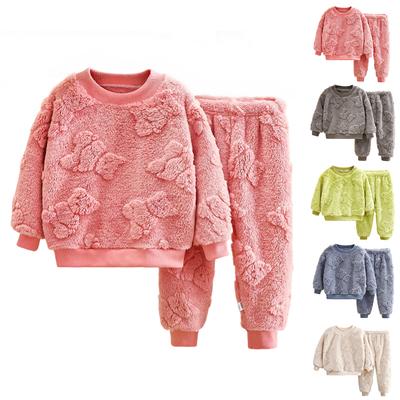 Barnens enfärgade förtjockade flanell varma hemkläder och pyjamas set för pojkar och flickor