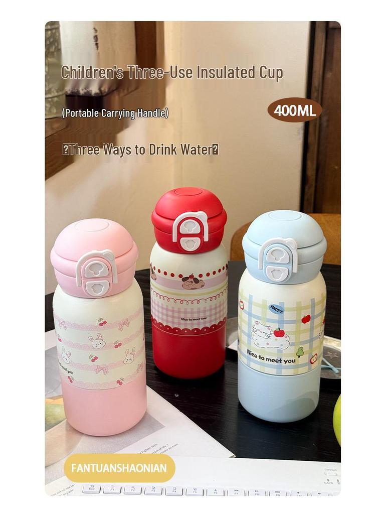 Portable Three-Way Kids Thermos Cup with Straw - Cute Cartoon Design