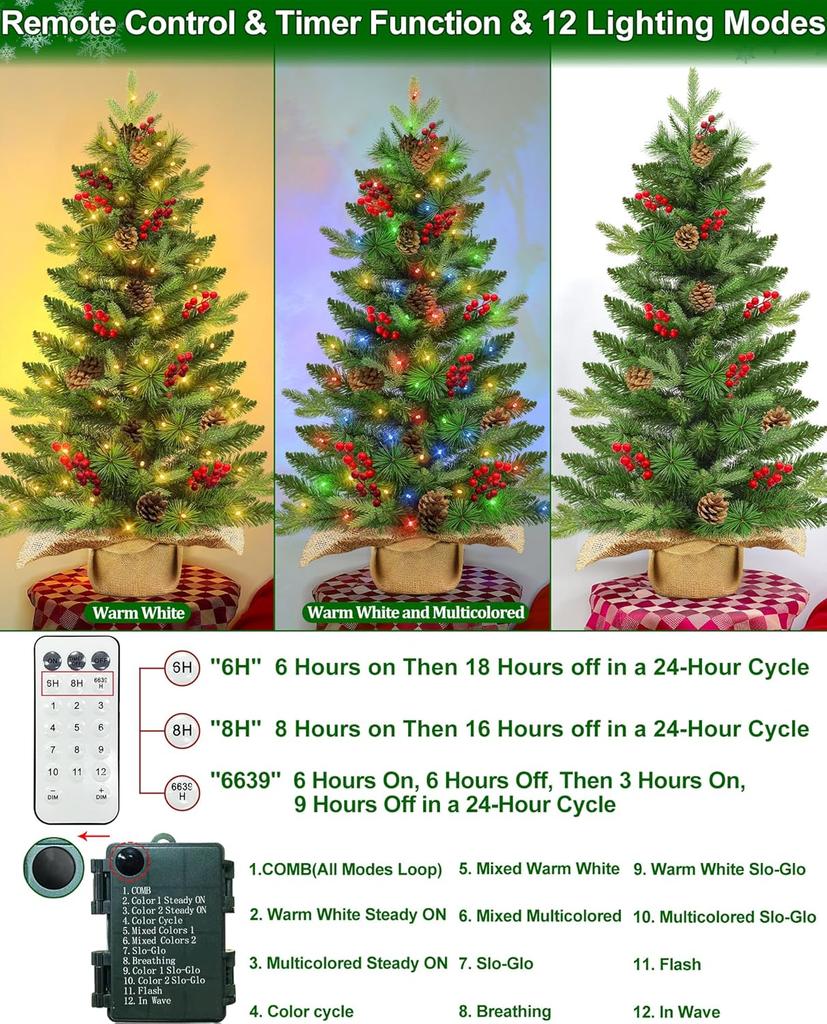 3 ft Artificial Christmas Tree with Dual Color Lights, Timer, PE+PVC Spruce, Pinecone Red Berry Burlap Base