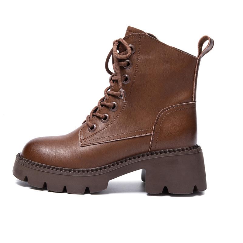 Women New Fashion Short Boots Women Cowhide Retro British Style Ankle Boots Casual Zipper High Heels Thick Soled Women Shoes