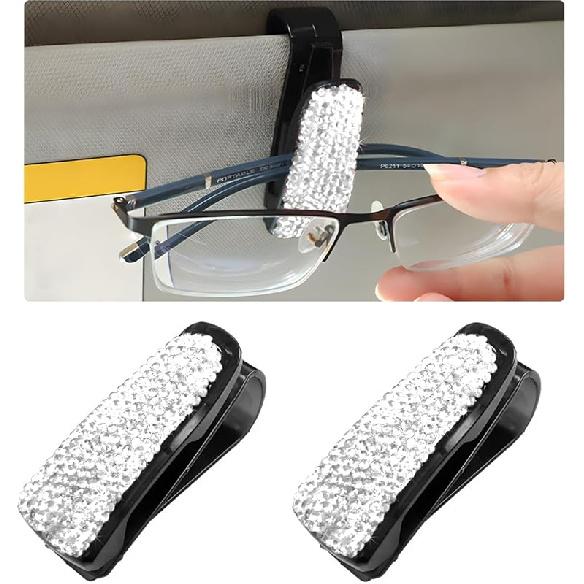 2 PCS Car Sun Visor Glasses Holder, Fashion Bling Car Eyeglasses Sunglasses Hanger for Women Girls, Glasses Holder Clip Hanger Mount with Ticket Card