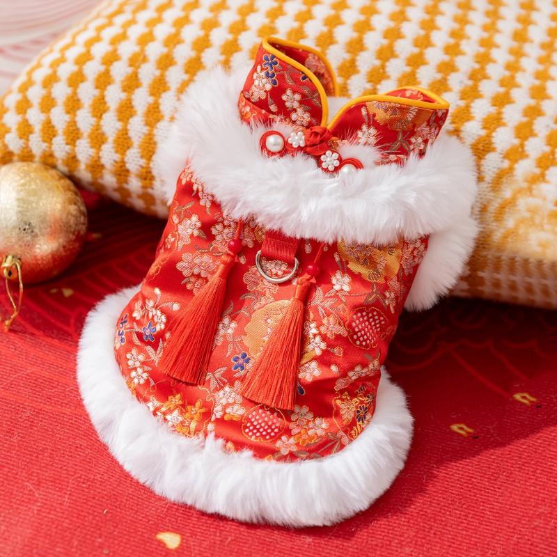 Pet Dog Vest Chinese New Style Red Cotton Coat With Bamboo Tassels Small To Medium Dogs