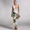Women's Summer New Casual Flower Print Sleeveless Pleated One-shoulder Slim-fitting Long Dress