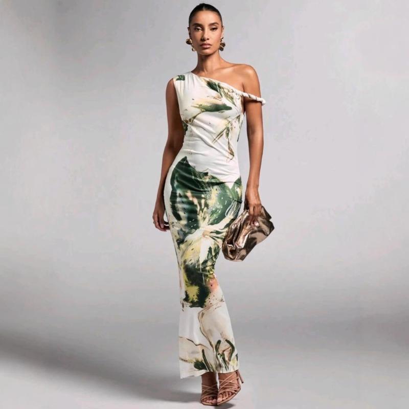 Women's Summer New Casual Flower Print Sleeveless Pleated One-shoulder Slim-fitting Long Dress