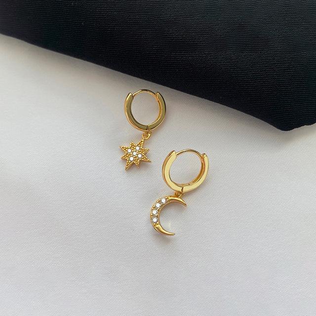 925 Sterling Silver Asymmetry Piercing Moon Star Stud Earring for Women Girls Wedding Jewelry