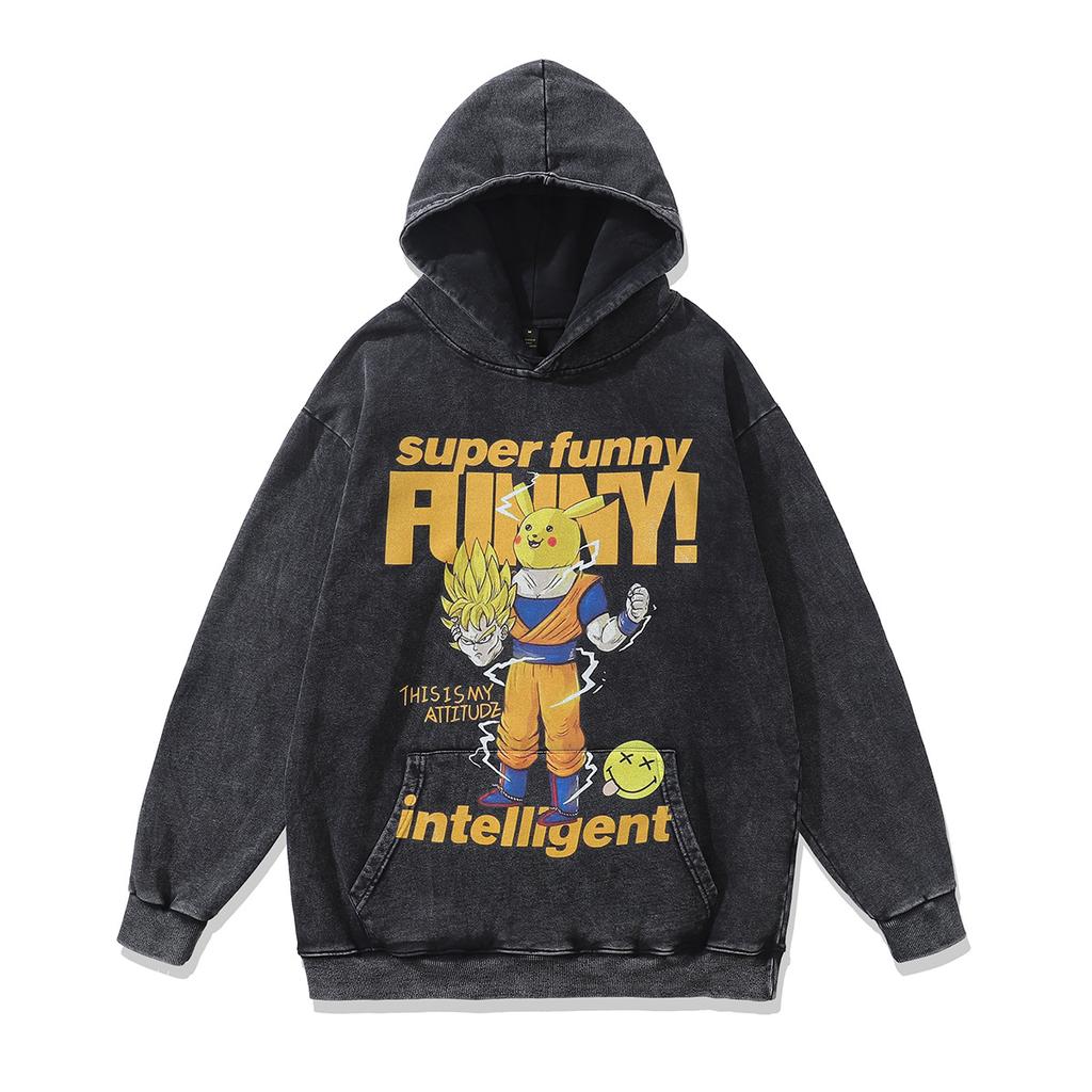 Sweat à capuche Rétro Tendance Marque Hip Hop Street Lavage à l'eau Aspect Vieilli Impression Dessin Animé Japonais Sweat à Capuche Hommes et Femmes Tendance
