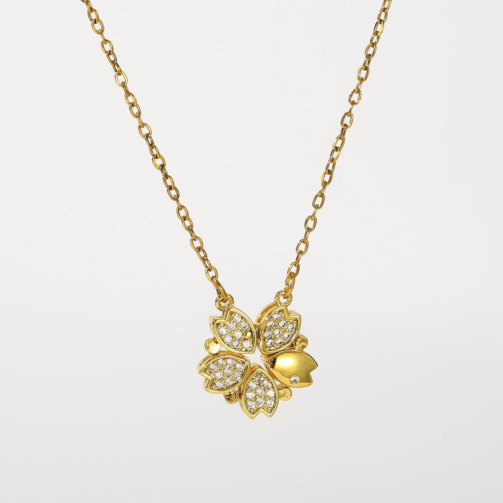 Golden Four-Petal Flower Cubic Zirconia Necklace with Fine Chain