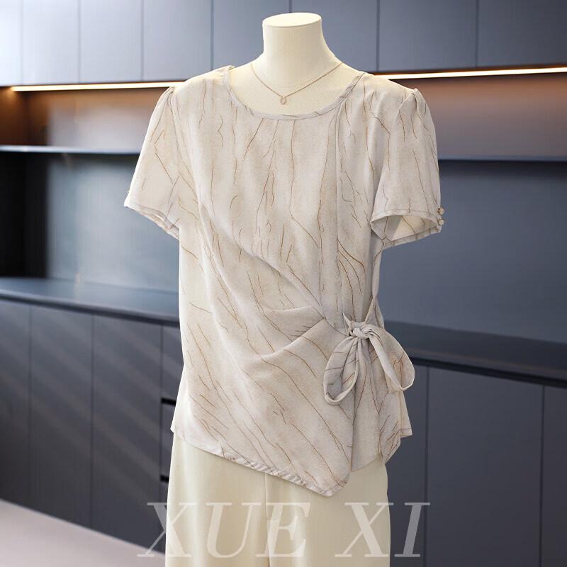 Xuexi Elegant Chiffon Short Sleeve Blouse for Middle-aged Women 2XL