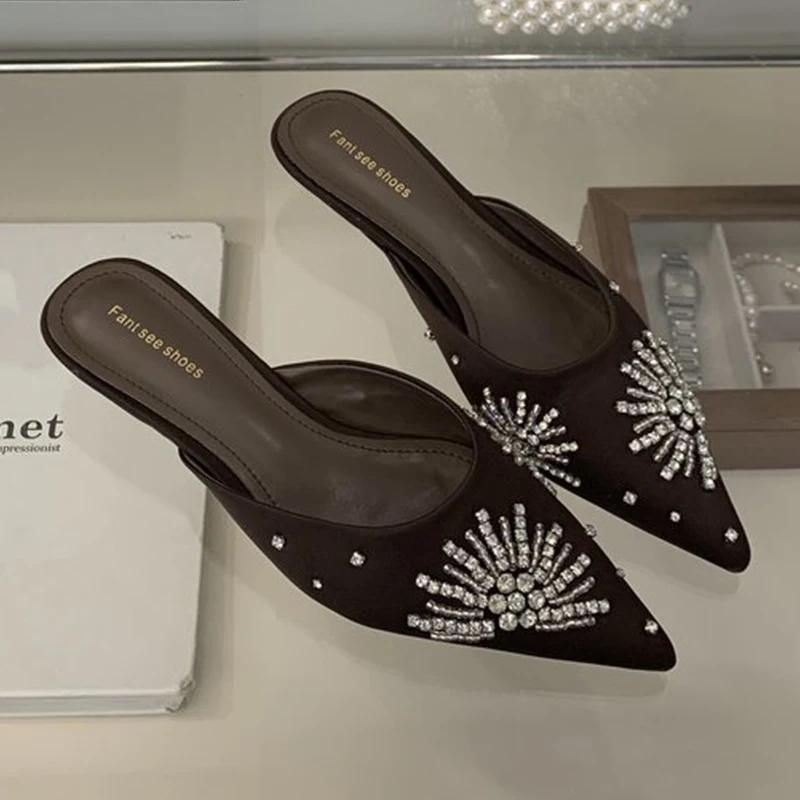 Crystal Women Slippers Elegant Pointed Toe Heeled Sandals Woman Mules Shoes 2025 Summer Fashion Slides Dress Zapatillas De Mujer