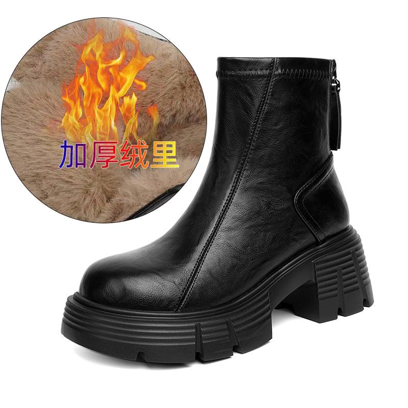 Fashion 7CM Fashion Women's Ankle Boots High Heel Round Head Thick Heel Back Zipper Fashion Boots British Style Platform Shoes Women