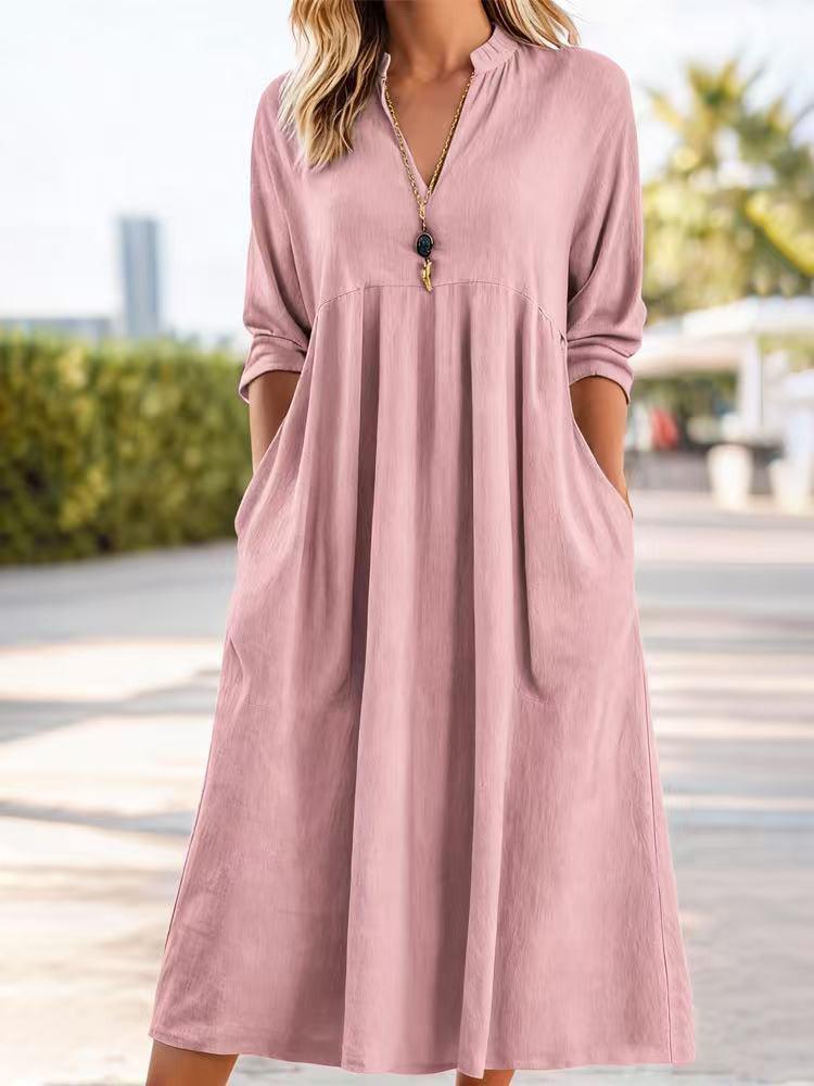 

Spring-Autumn Women s Casual Loose V-Neck Cotton Linen Dress with Pockets S розовый