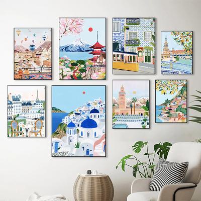 Skandinavisches Vintage Touristenstadtposter Paris Lissabon Japan Landschaftskunst Leinwandgemälde Geschenk für Einweihungsparty Wandpaneele Heimdeko
