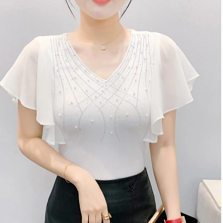 Summer European Women T-Shirt Clothes Sexy V-neck Luxury Hot Diamonds Tops Chic Female Short Sleeve All Match Tees