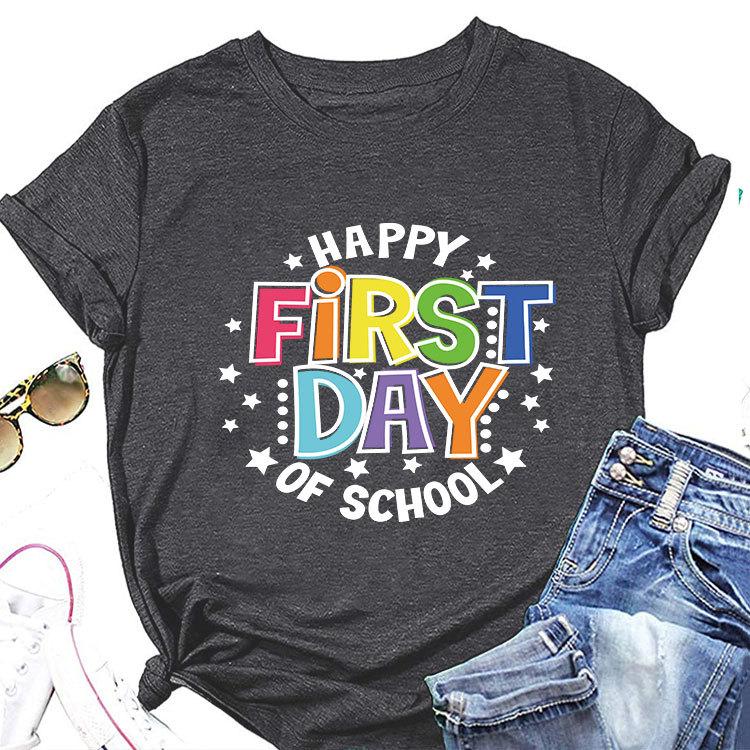 Summer loose crewneck Tshirt happy first day of printed casual shortsleeved fashion top