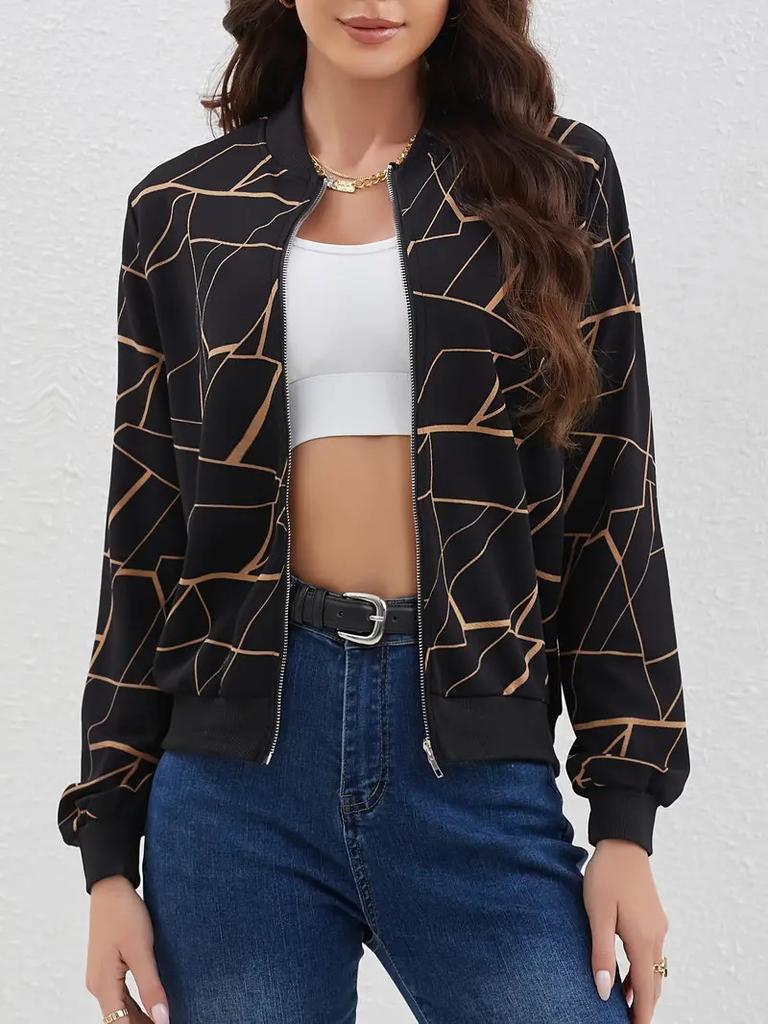 European and American Spring New American Retro Line Printing Jacket Zipper Jacket Temperament Commuter Women's Baseball Jersey MD3