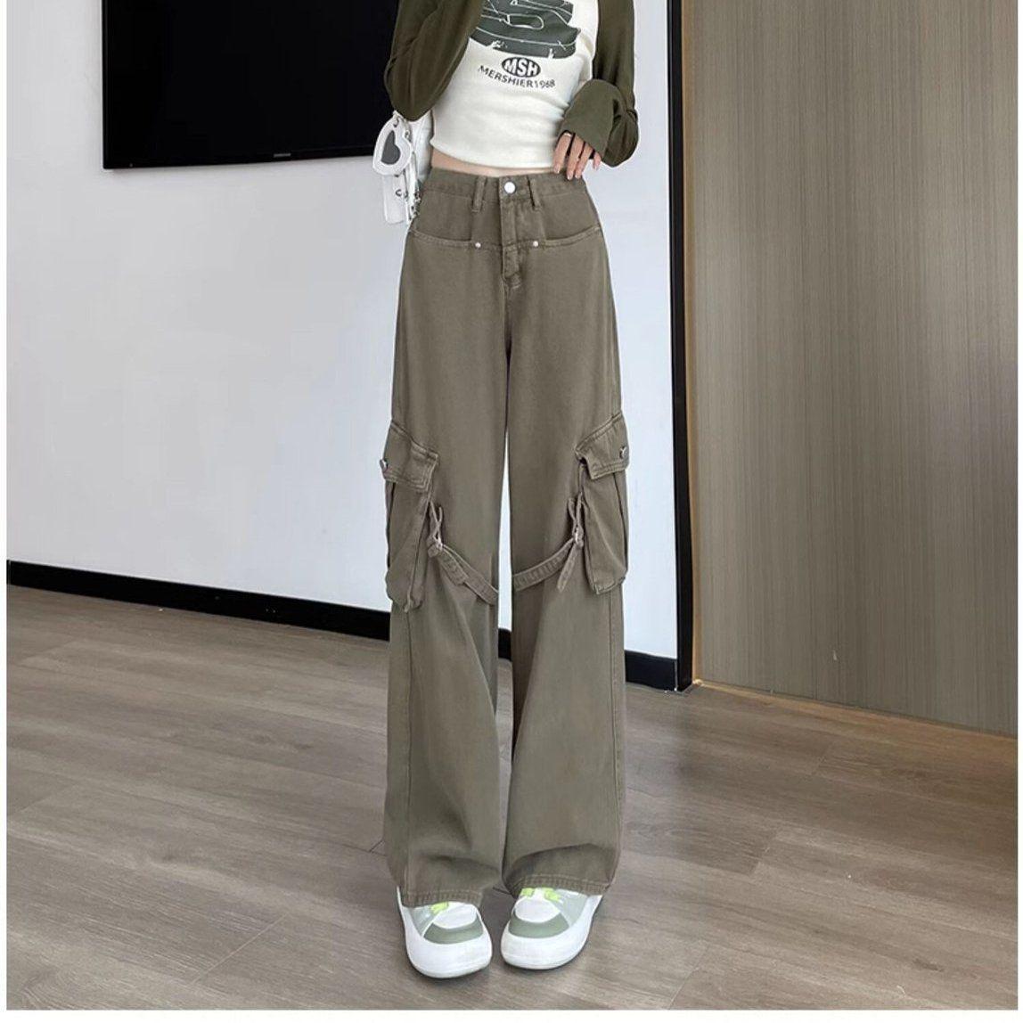 

Жіночі джинси-карго з високою талією, широкими штанинами, військово-зеленого кольору L