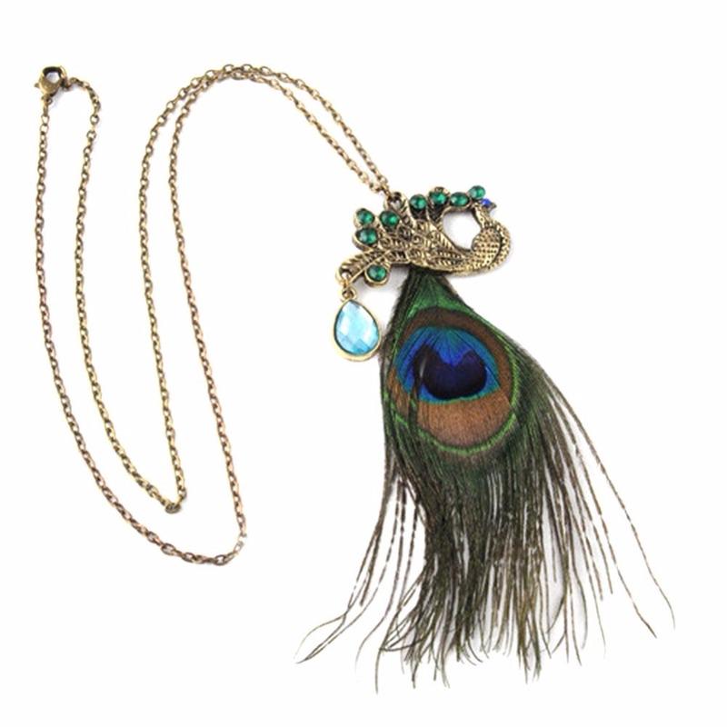 Fashion Crystal Necklaces Long Chain Peacock Statement Pendant Sweater Necklace for Women