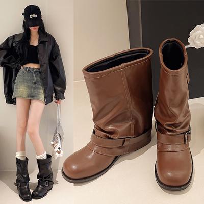 Herbst Winter Damen Western Cowboy Stiefel Mode Gürtelschnalle Dicke Ferse Schuhe Damen Vintage Plissierte Kurze Stiefeletten