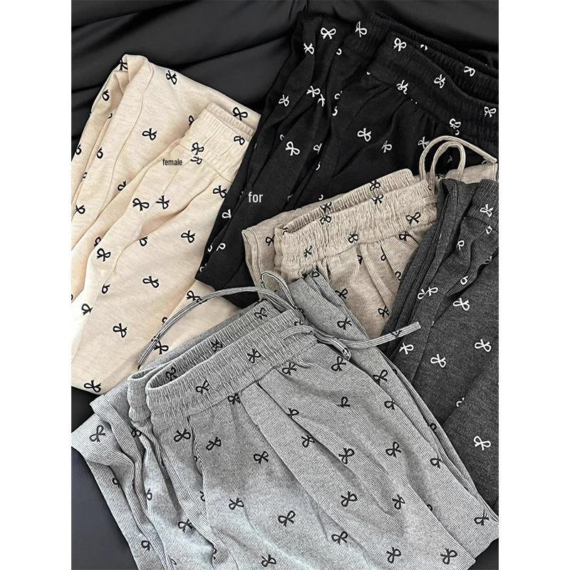 Petite Korean Bow Wide Leg Printed Pants - Slimming Drape Design for Spring/Autumn