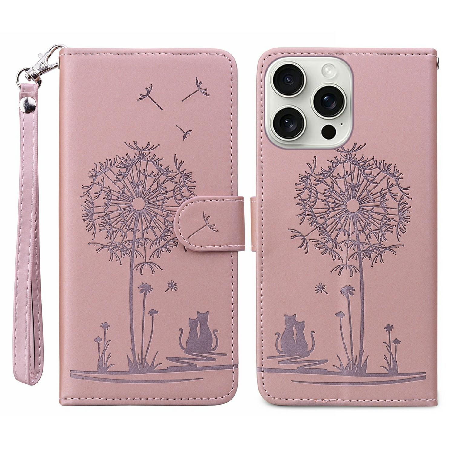 

For iPhone 16 Pro Max Case Cat Dandelion Imprint PU Leather Wallet Phone Cover with Strap B