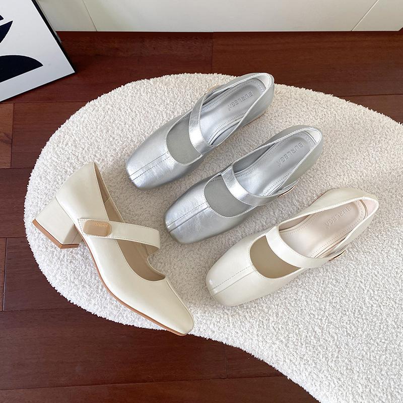 Silver Korean Small Square Head Spring and Autumn New Mary Jane Soft Leather Soft Sole Comfortable Thick Heel Fashion Single Shoes Women