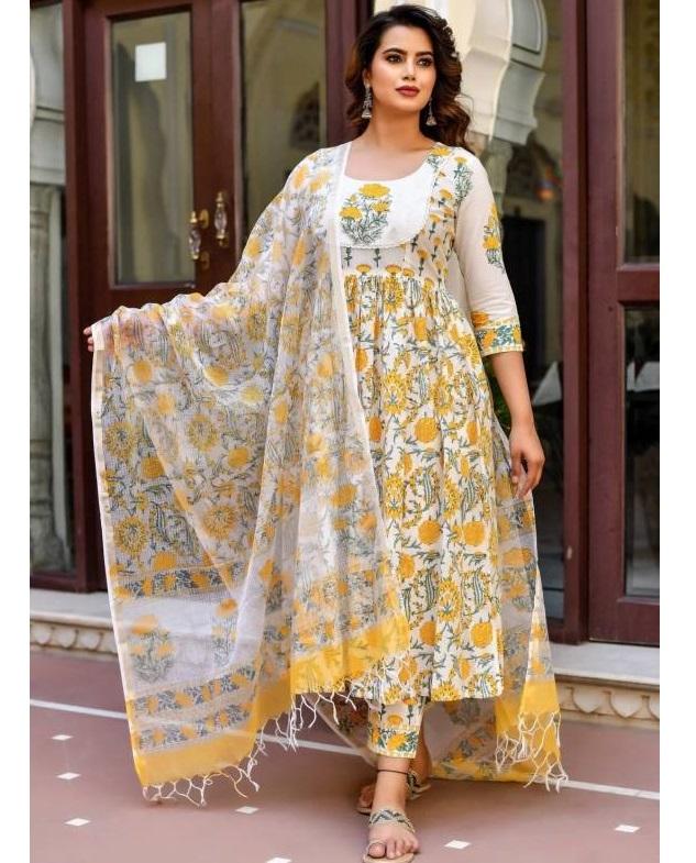 Women Pure Cotton Kurta Pant Dupatta Set Indian Designer Salwar Kameez Kurti Party Wear