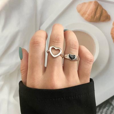 Trendy Silver Color Heart Couple Rings for Women Lover Adjustable Rings Set Engagement Wedding Open Rings Jewelry