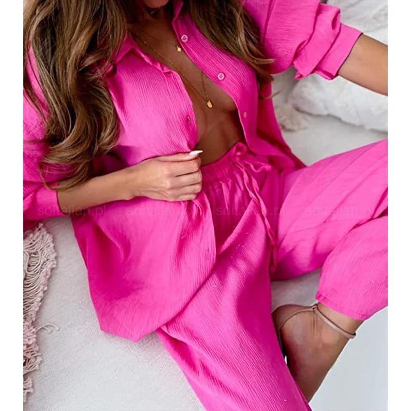 Tuta 2 Pezzi Donna Maniche Lunghe Con Bottoni E Pantaloni A Gamba Larga – Raso Morbido, Rosa, Taglia L