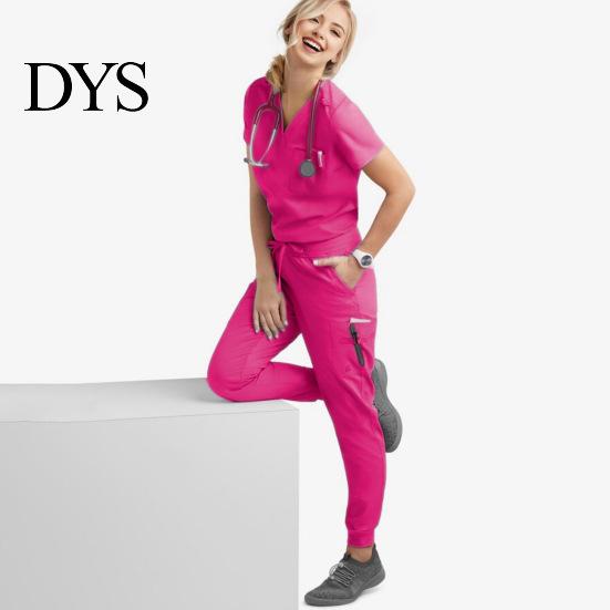 Dentist Uniform 2Pcs/Set Women Hospital Set V-neck Short Sleeve Pockets Tops Elastic Waist Nurse Top Jogger Pants Quick Drying Dental Nursing