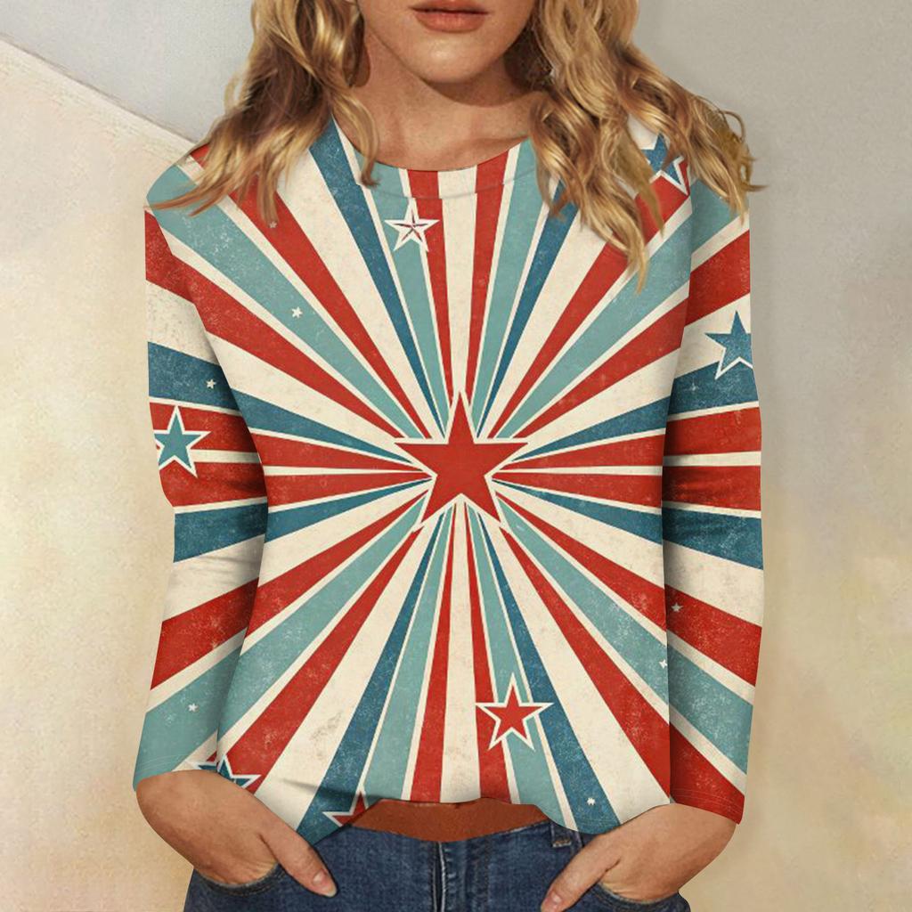 Womens Spring Tops Long Sleeve Patchwork Star Print Casual Crewneck Summer Shirts for Women Comfortable Fit
