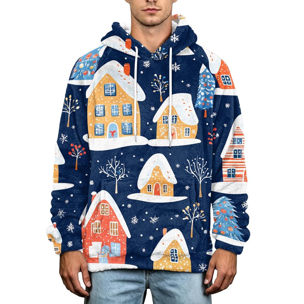Men's Christmas Print Flannel Hoodie Plus Size Casual Hooded Sweatshirt for Fall and Winter