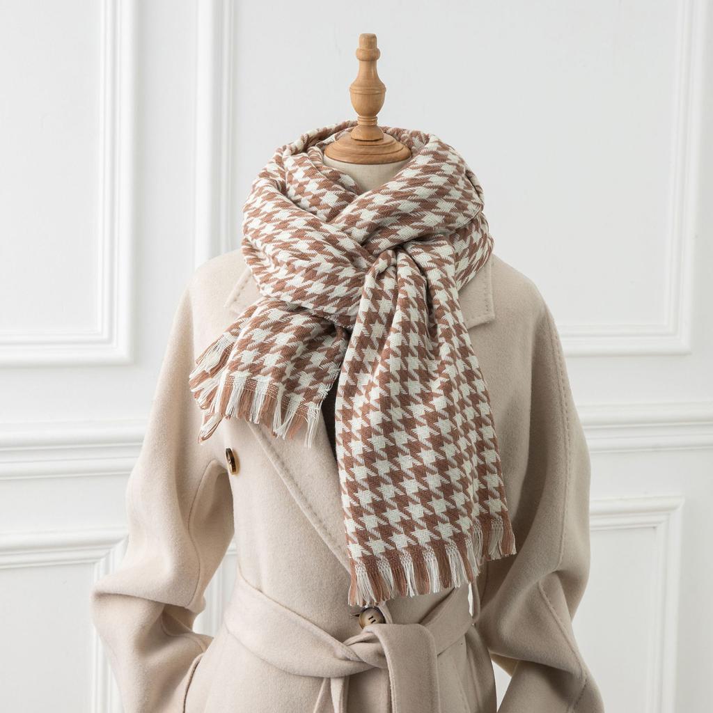 New temperament medium and long warm fashion imitation cashmere fringed scarf student thickened shawl small thousand bird grid scarf women
