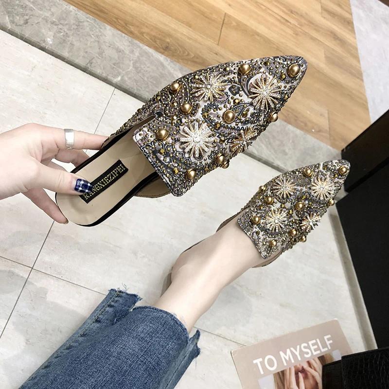 Luxury Women Mules Ladies Summer Chinese Slippers Women Shoes 2025 New Low Heels Flat Casual Shoes Woman Flip Flops