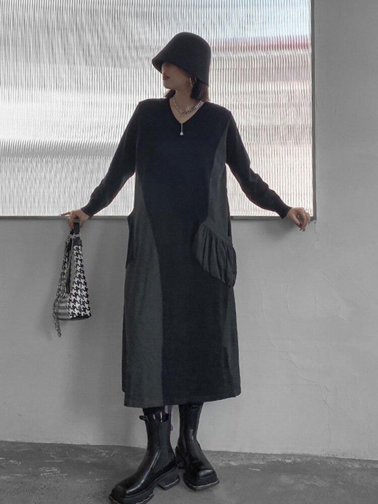 Xitao Vintage šaty Móda Patchwork Hit Barva Plisovaný Menšinový pulovr Volné Elegantní šaty WLD13285