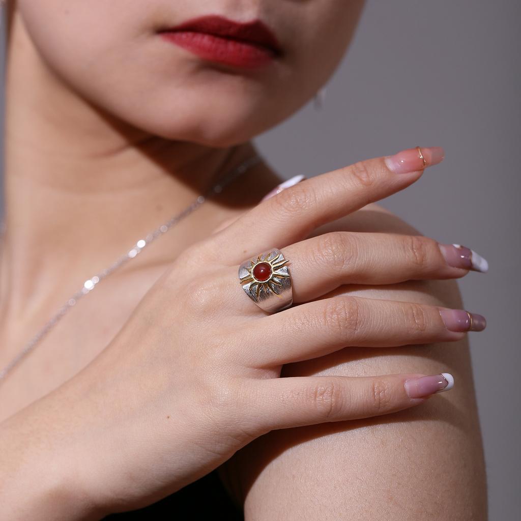 Bague déesse du soleil en argent Sterling 925, Agate rouge naturelle, Design Original, bijoux à main de Niche, bague en pierres précieuses pour femmes