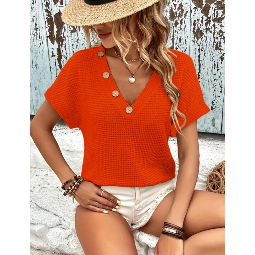 Spring Summer New Women's Knit T-Shirt, Fashion V-Neck Button Short Sleeve Top, Casual Knit Top for Women