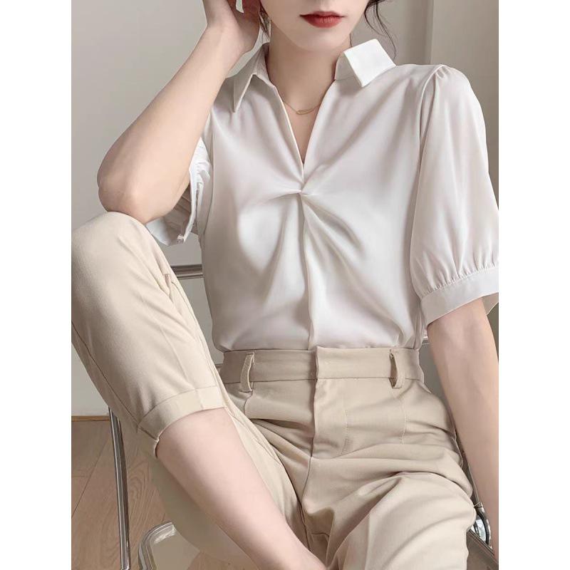 

Шифоновая блузка в корейском стиле: Женский летний топ с коротким рукавом и плиссировкой 2025 S белый