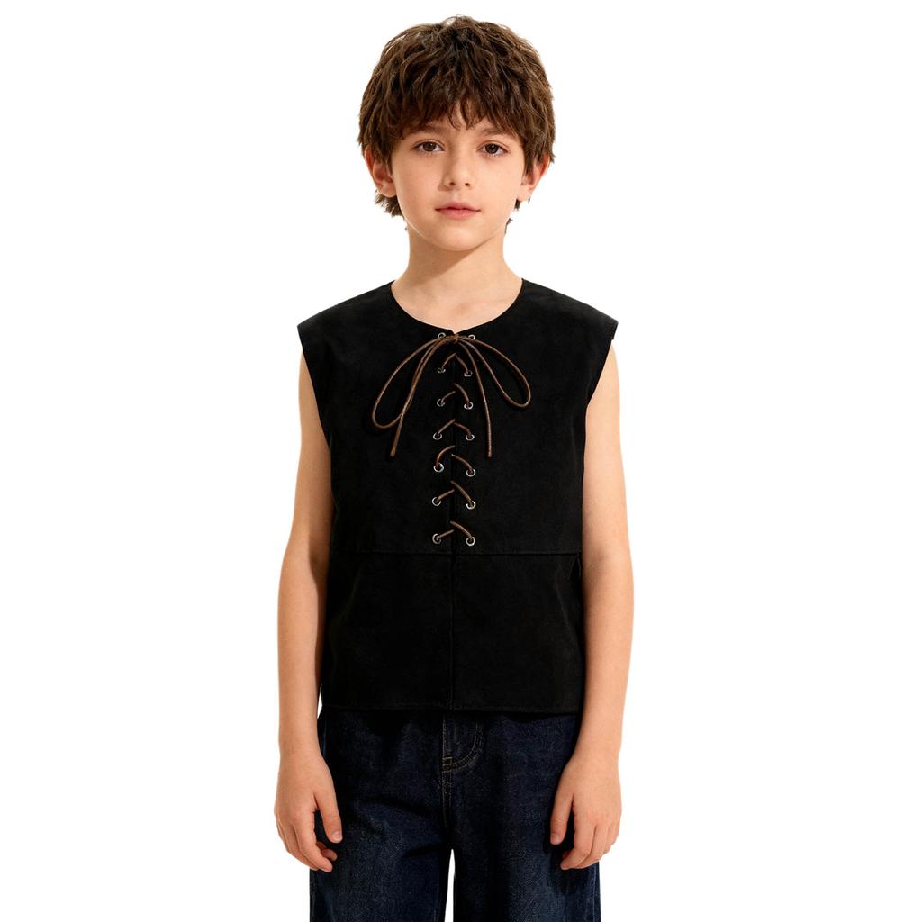 Kids Medieval Renaissance Costume V Neck Sleeveless Front Lace Up Closure Split Vest Pirate Gothic Steampunk