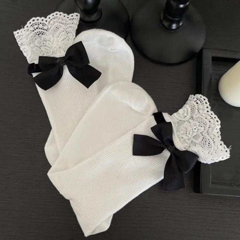 1-2pairs 2025 New Japanese Girl White Lace Bow Calf Socks Lolita Cute Knee High Mid Leg Socks Y2K Pile Socks