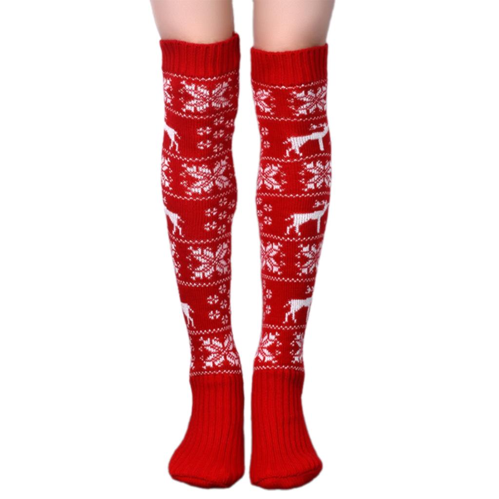 Modische Damen Kniestrumpf Weihnachtsstrümpfe mit Rentier Schneeflocken Muster Festival Gestrickte Über das Knie Lange Socken