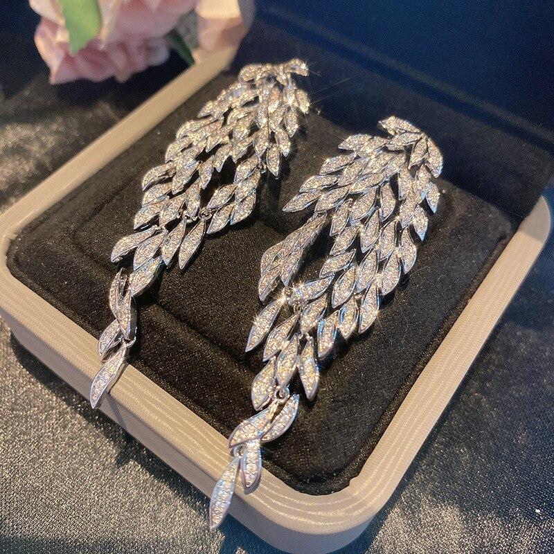 Luxury Brand Jewelry Wedding Party Long Temperament Leaf Tassel Dangle Earrings Micro Pave Cubic Zirconia Fashion Earring