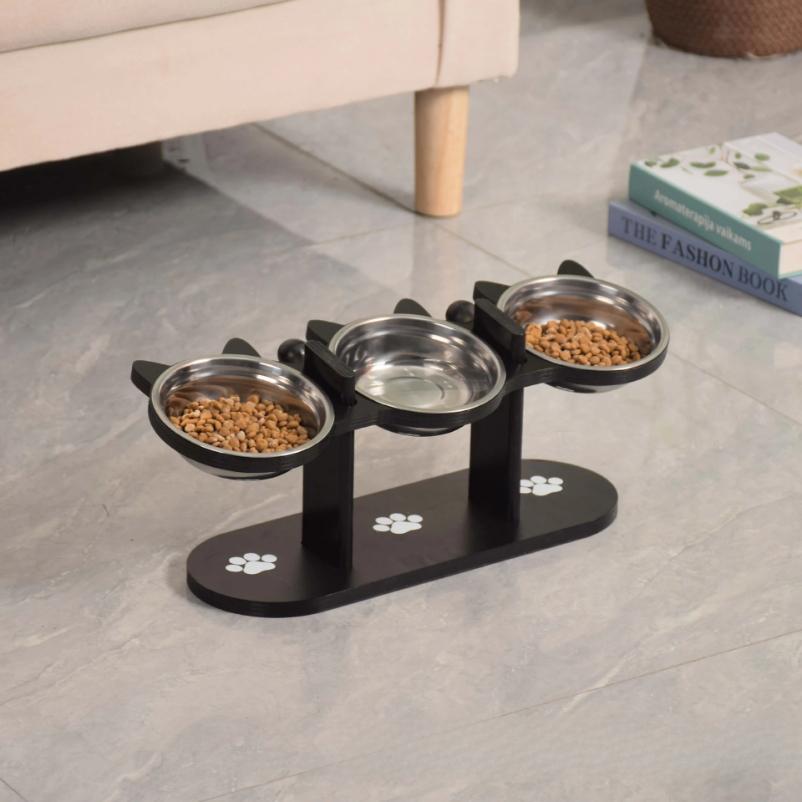 Elevated Cat Food Bowl with Wooden Support Frame & Stainless Steel Cat Bowl Adjustable 15° Angle Stand Sloped Pet Food Bowl