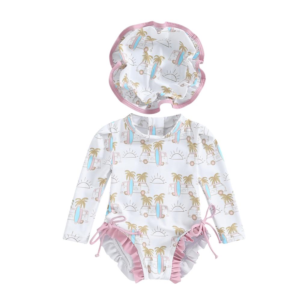 Baby Girl Rash Guard Swimsuit Long Sleeve Floral/Ice Cream Print Bathing Suit Infant Swimwear with Sun Hat