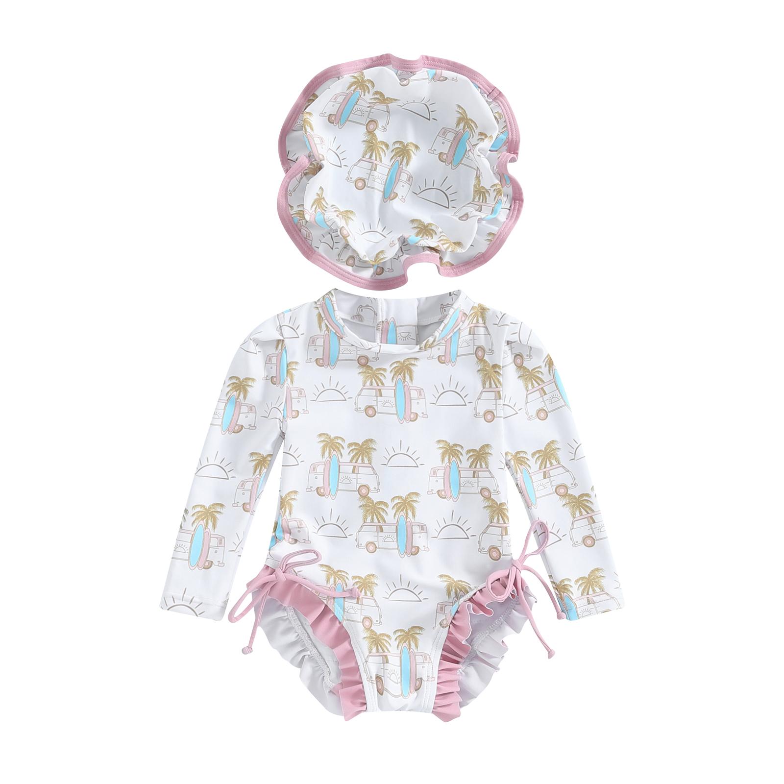 

Дитячий купальник рашгард для дівчинки з довгим рукавом, з квітковим/принтом морозива, купальний костюм для немовлят, купальний одяг із сонцезахисним капелюхом 12-18 Months рожевий