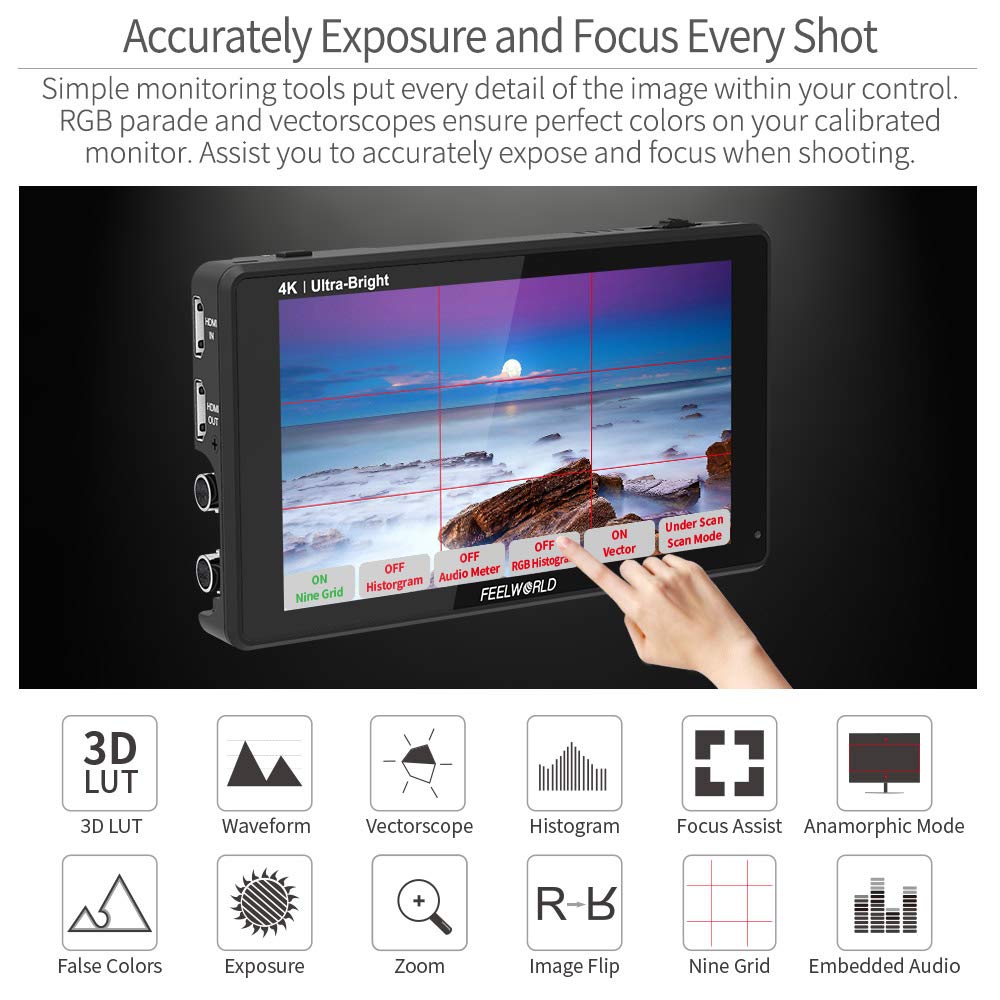 FEELWORLD LUT6S 2600nits LUT Touchscreen DSLR Camera Field Monitor with 4K 1920x1080 IPS 6-inch Ultra-Bright HDR/3D Waveform, Vectorscope, Histogram,